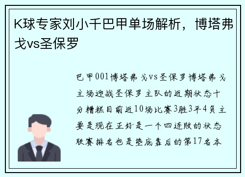 K球专家刘小千巴甲单场解析，博塔弗戈vs圣保罗